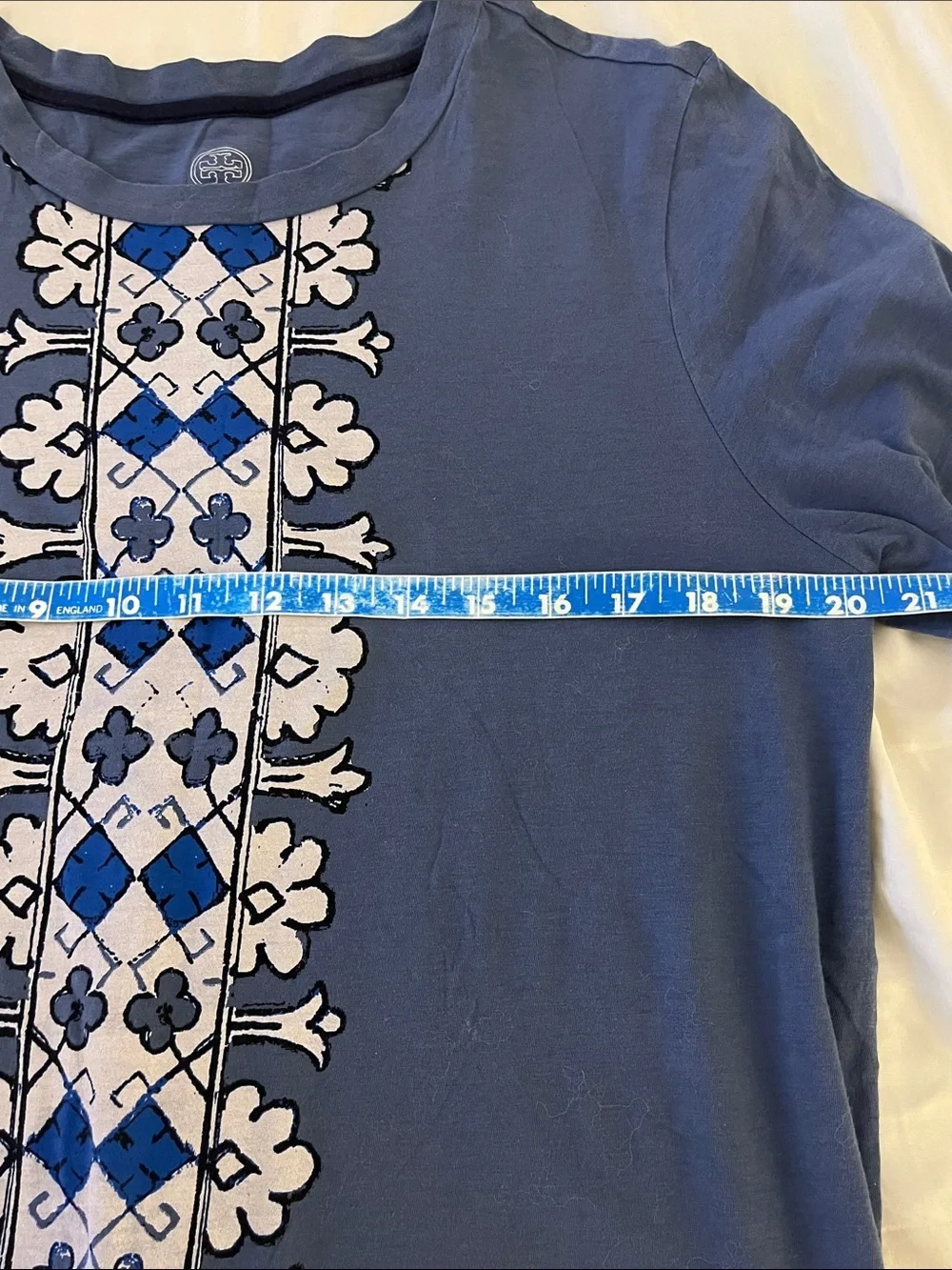 Tory Burch Pima Cotton Graphic Print T-Shirt Blue White Size L NWOT